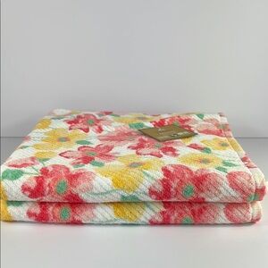 2 Pc Deborah Connolly Bath Towel Set Floral Pink Blue Yellow Spring Summer NEW
